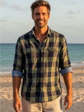 Ocean & Coast Men's Green & Blue Plaid Button-Down Shirt Pockets Chambray